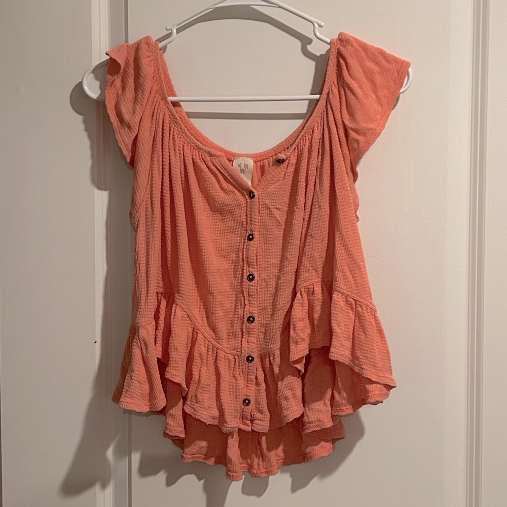 We The Free Free People Button Front Ruffle Hem Blouse Coral Size Small